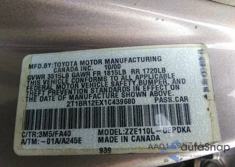 2001 Toyota Corolla Le from USA, damaged, VIN 2T1BR12EX1C439680